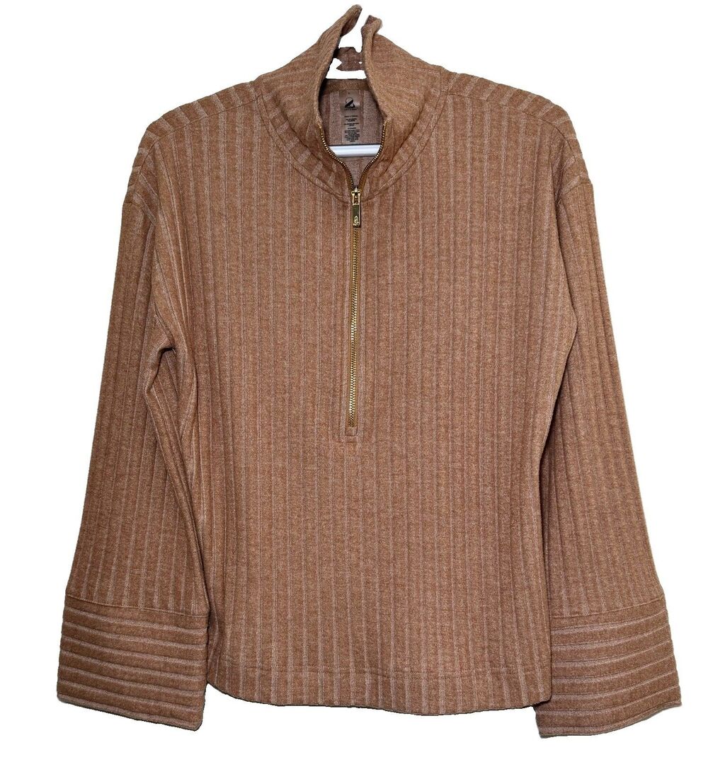 Lou & Grey Women’s Large Brown Ribbed Quarter Zip Mock Neck Pullover Top